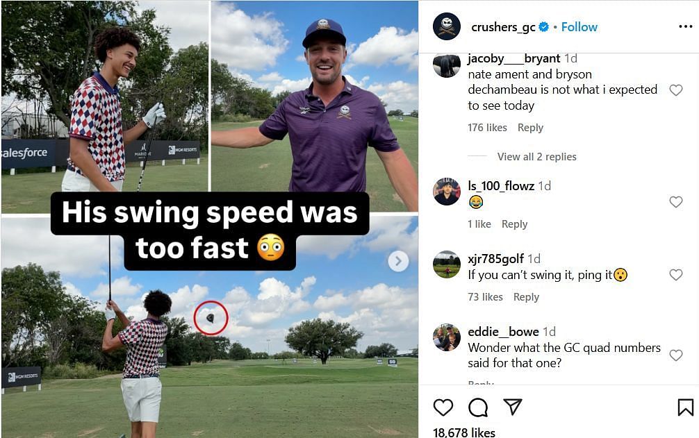 College hoops fans react to Nate Ament golfing with Bryson DeChambeau on IG. Image via @crusher_gc